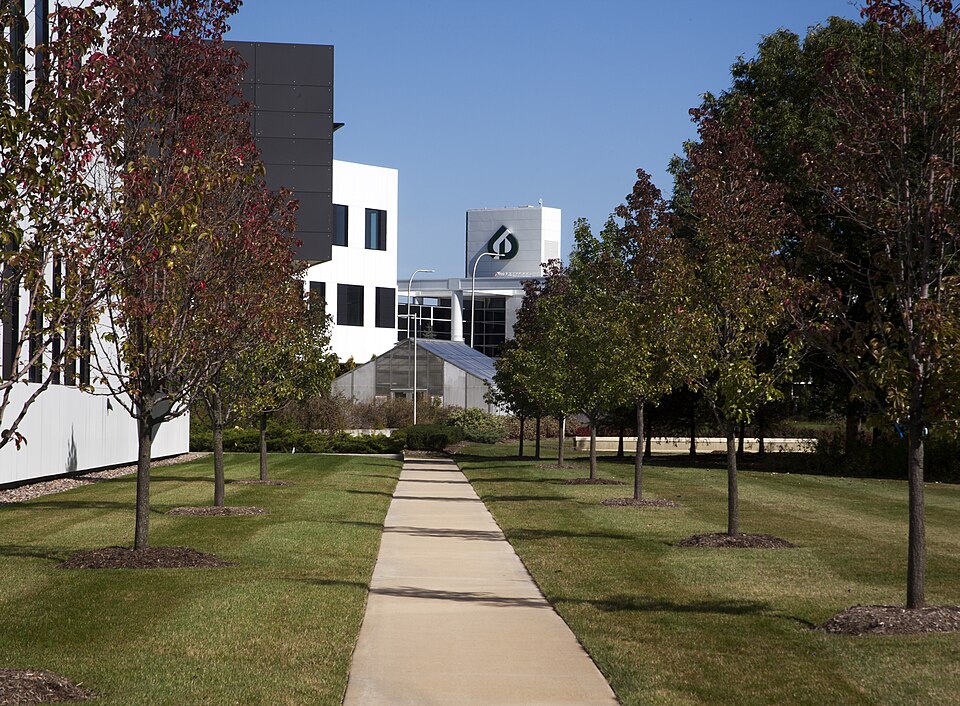 A paved path between young trees and lawns, leading to modern campus buildings under a blue sky
